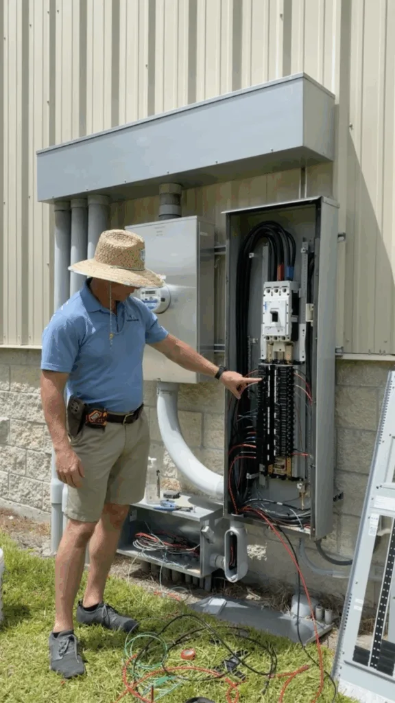 The image shows an electrician working on an electrical panel. He appears to be pointing to the wiring inside the panel. The panel itself is mounted on the side of a building.